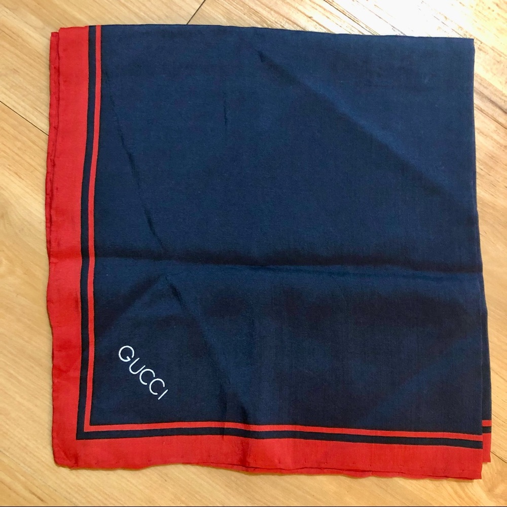 Gucci Vintage 1970s Silk Scarf Navy Blue and Red